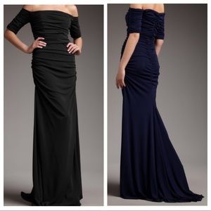 Badgley Mischka Off-Shoulder Ruched Evening Gown in Black